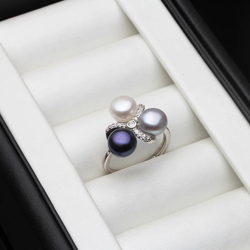 Real 925 Sterling Silver Pearl Ring Double Ladies Woman,White Natural Freshwater Adjustable Pearl Ring Wife Mother Birthday Gift