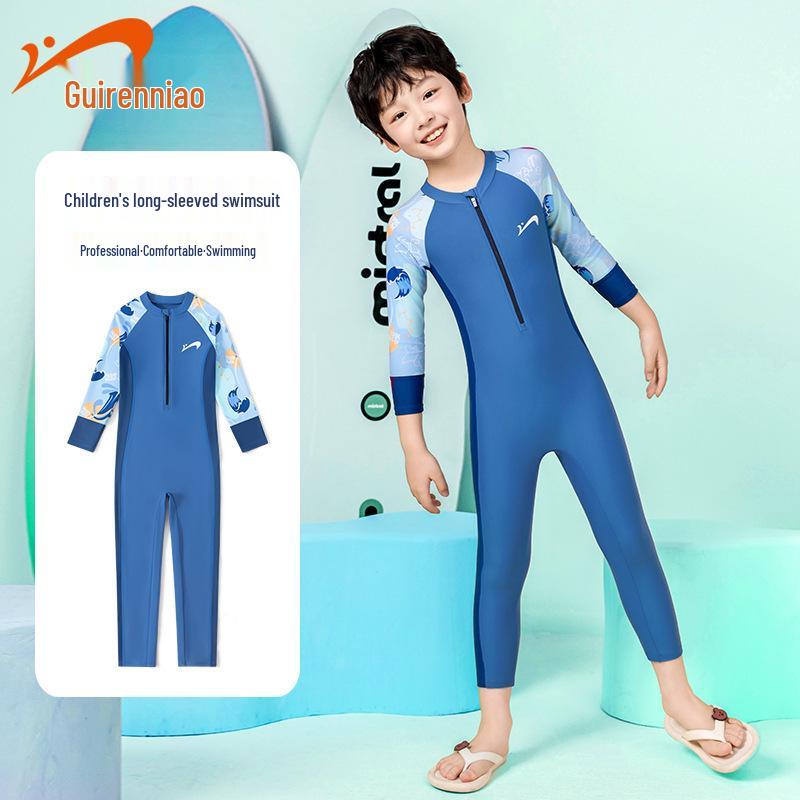 

Kids Boys Long Sleeve & Pants Quick-Dry Swimwear Set - Split Design 10 синий/серый