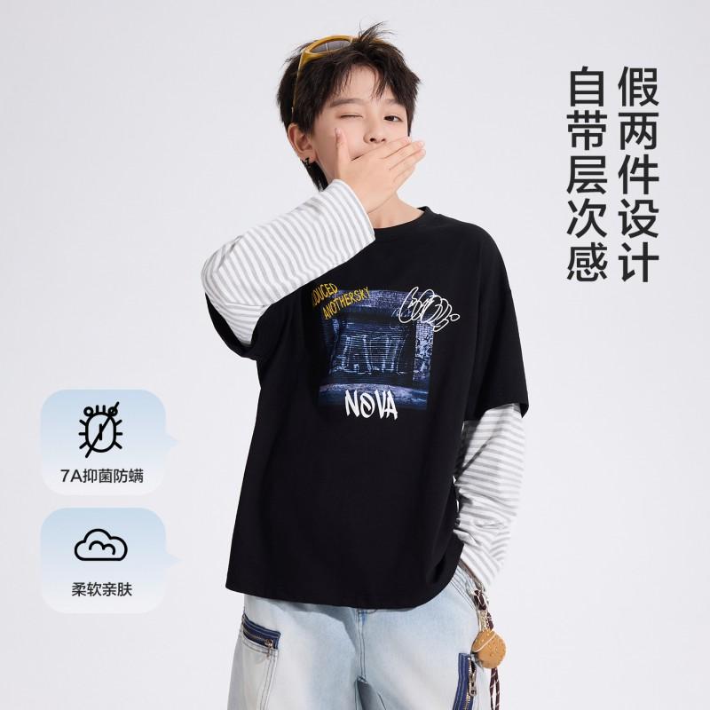 Boys Striped Fake Two-Piece Long Sleeve T-Shirt Teens Hip Hop Sport Top 2026