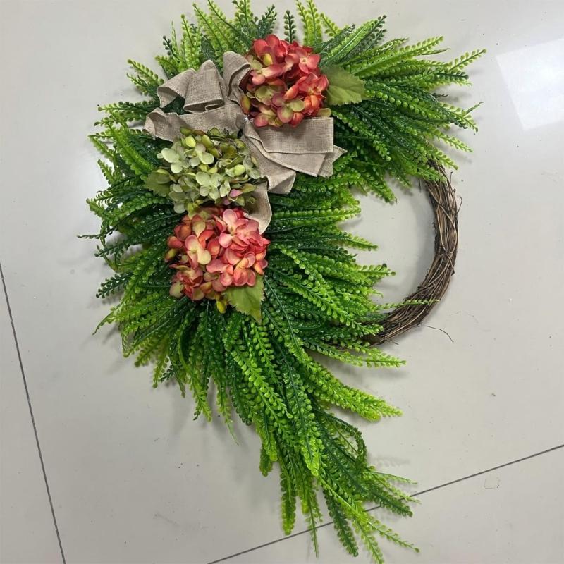 Rustics Floral Wreath Wall Hanging Rattan Frame With Artificial Hydrangea Blooms Ornament For Indoor Decoration