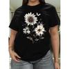 Women T-Shirt Black White Daisy Floral Print Round Neck Short Sleeve Loose Lightweight Spring Summer Casual Top