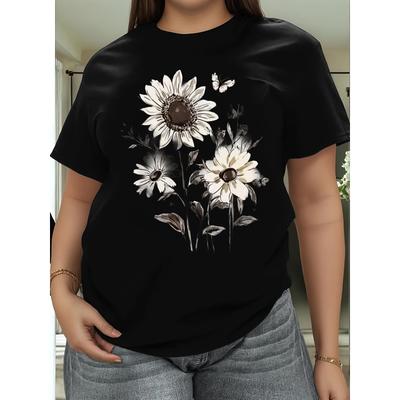 T-shirt da Donna Bianco Nero Stampa Floreale Margherite Girocollo Manica Corta Ampia Leggera Primavera Estate Top Casual