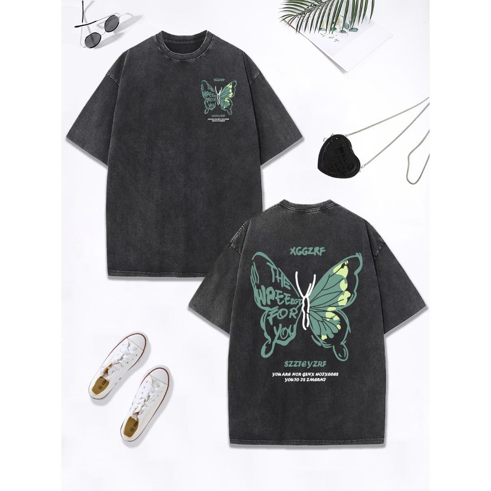 Personality Hollow Out Butterfly Prints Washed T-Shirts Women Cotton Oversized Tops Distressed T Shirt Summer Clothes
