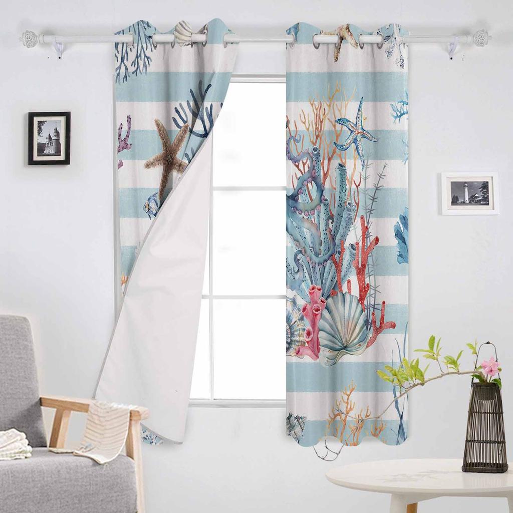 Ocean Striped Coral Starfish Shell Conch Octopus Blackout Curtains For Living Room Bedroom Window Treatment Drapes Home Decor