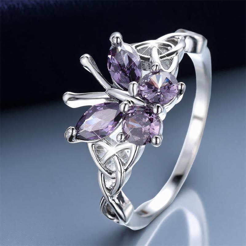 Cute Female Purple Zircon Stone Cute Butterfly Ring Silver Color Cross Engagement Charm Wedding Jewelry For Women