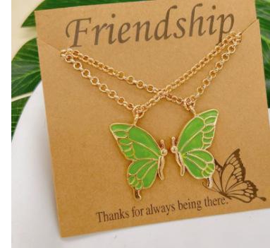 Split Butterfly Pendant Necklace Set Pink Enamel Matching Butterfly Necklaces for Best Friends
