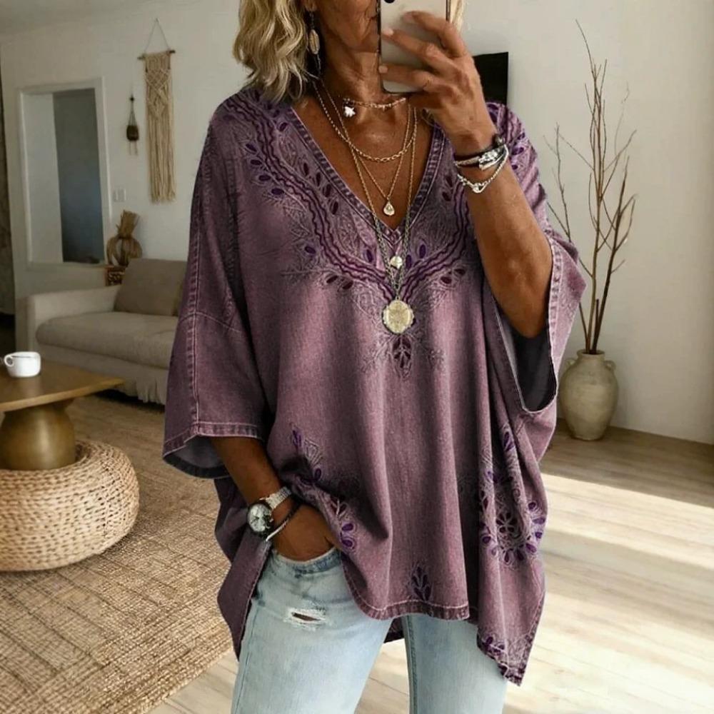 Modern Geometric Line Printed T-shirt, Plus Size V-neck Women's Bat Sleeve Loose Casual Top