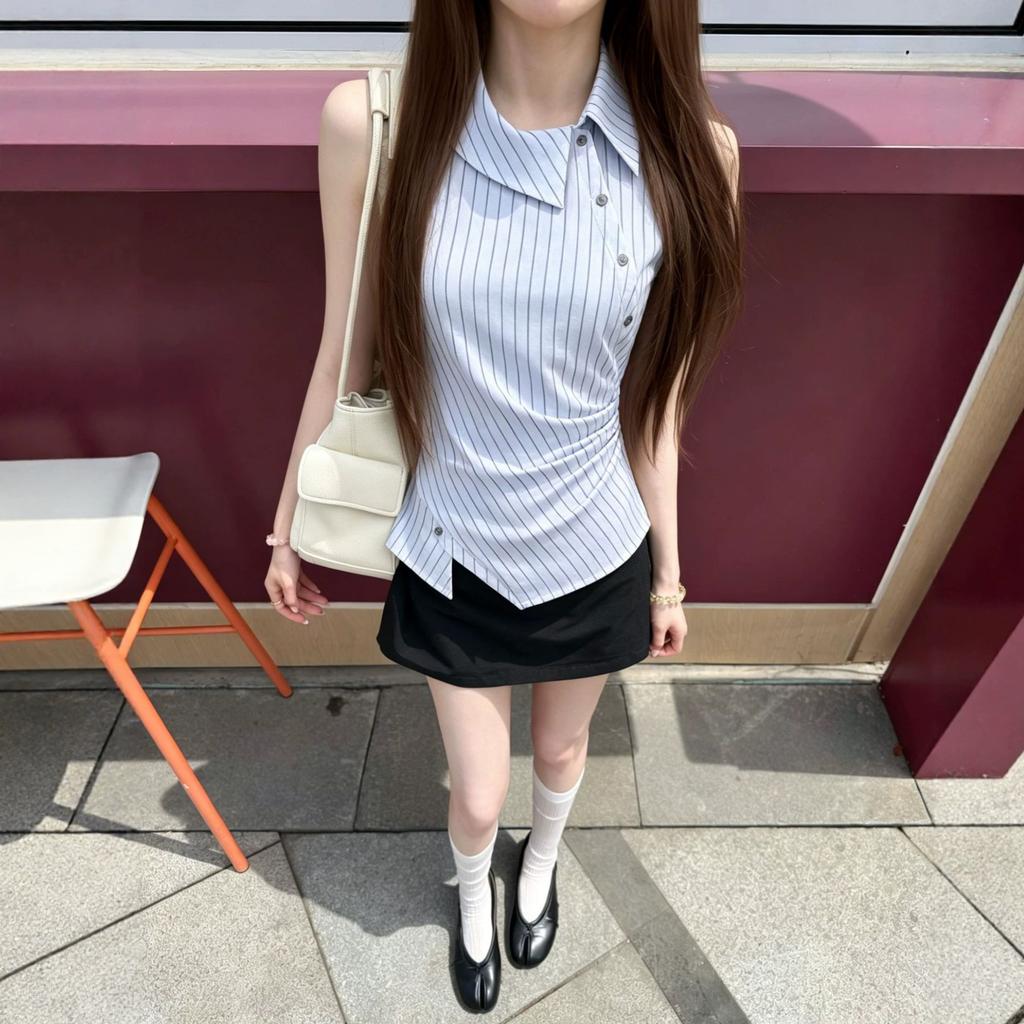 Korean Striped Striped Lapel Vest Women's Summer Diagonal-breasted Pleated Waist Irregular Hem Temperament Top