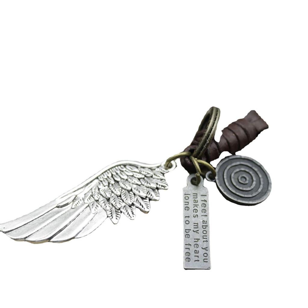 Men's Antique Bronze Wing Keychain with Woven Leather Pendant