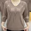 Korean Vintage Women Clothing 3/4 Sleeve Knitted T-shirt Spring Summer Fashion V-neck Solid Diamonds Loose Casual