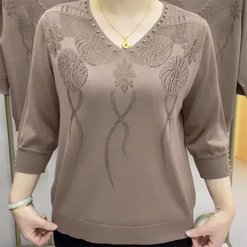 Abbigliamento Vintage Coreano da Donna Maglietta Lavorata a Maglia a Maniche 3/4 Moda Primavera Estate Scollo a V Tinta Unita Diamanti Largo Casual