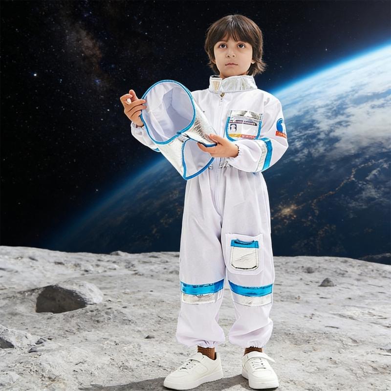 3Pcs Astronaut Costume Astronaut Suits Jumpsuit Gloves Cap Cosplay Halloween Costume Space Suits for Toddler,Kids