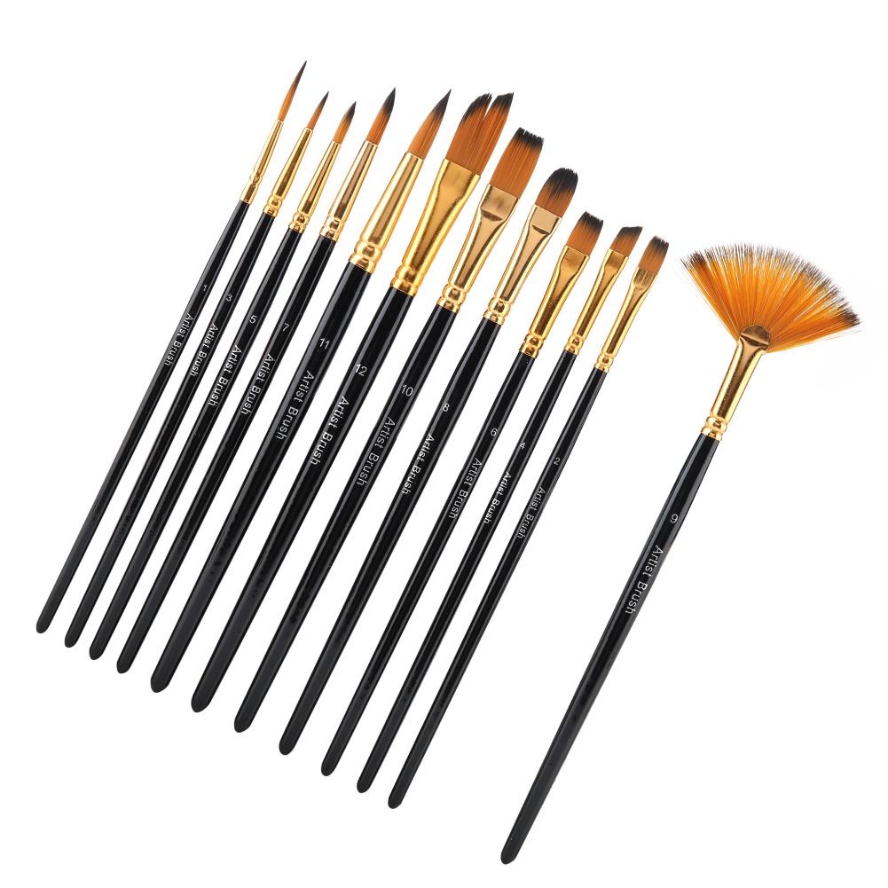 12pcs Black Wooden Pole Nylon Hair Paint Brush Set Art Craft Painting Watercolor Brush Kit
