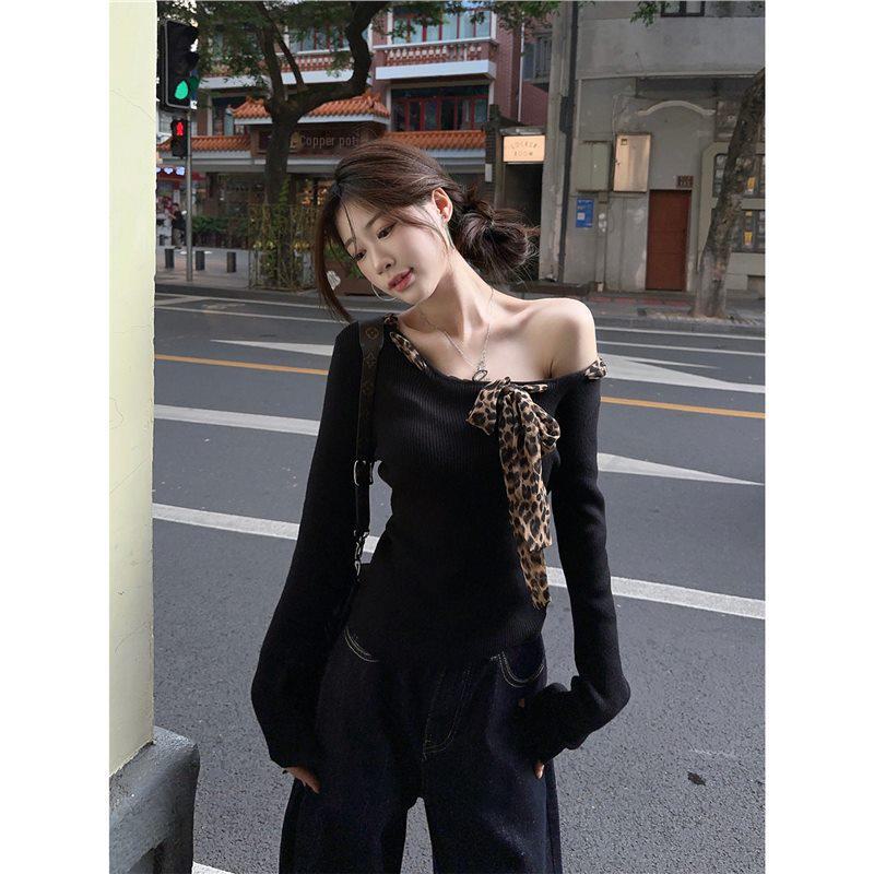 Autumn Black Leopard Print Off-Shoulder Top for Women - Chic, Sweet, and Stylish
