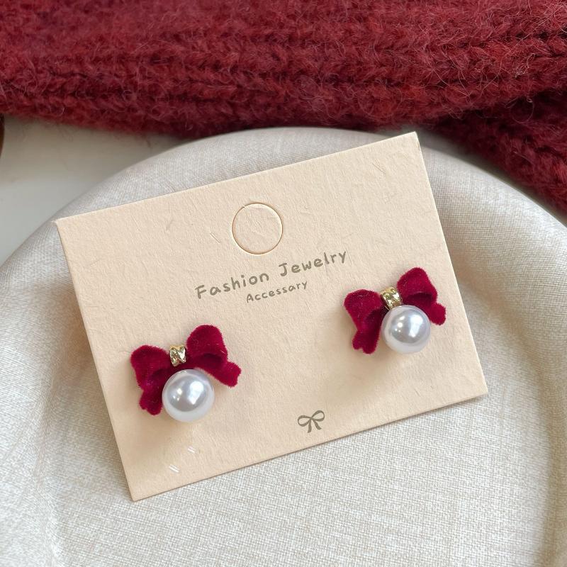 Cute Red Bow Flocking Earrings Simple Elegant Exquisite Sweet Festive Earrings Ear Studs Jewelry Accessories New Year Gifts