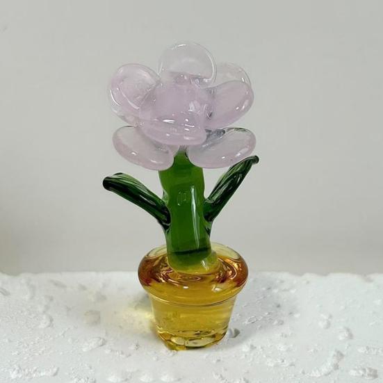 Mini Glass Rose Flower with Pot Colorful Rose Flower Ornaments Collectible Hand Blown Faux Crystal Flower Figurine for Mother's Day Birthday Table