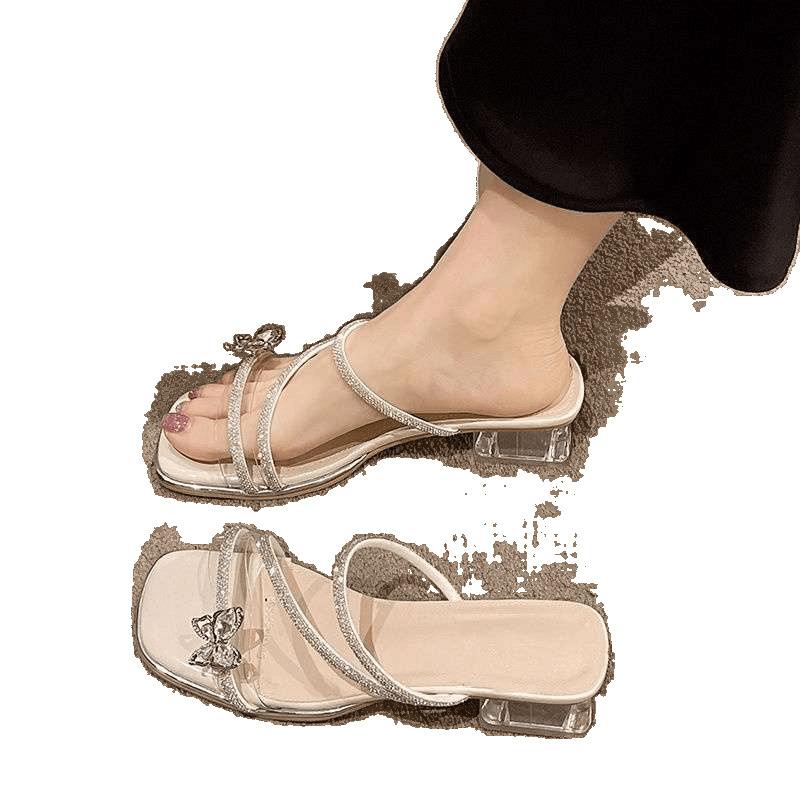French Thick-heeled Slippers for Women's Summer Wear 2025 New Fairy Style Bow Rhinestone Temperament High-heeled Crystal Sandals