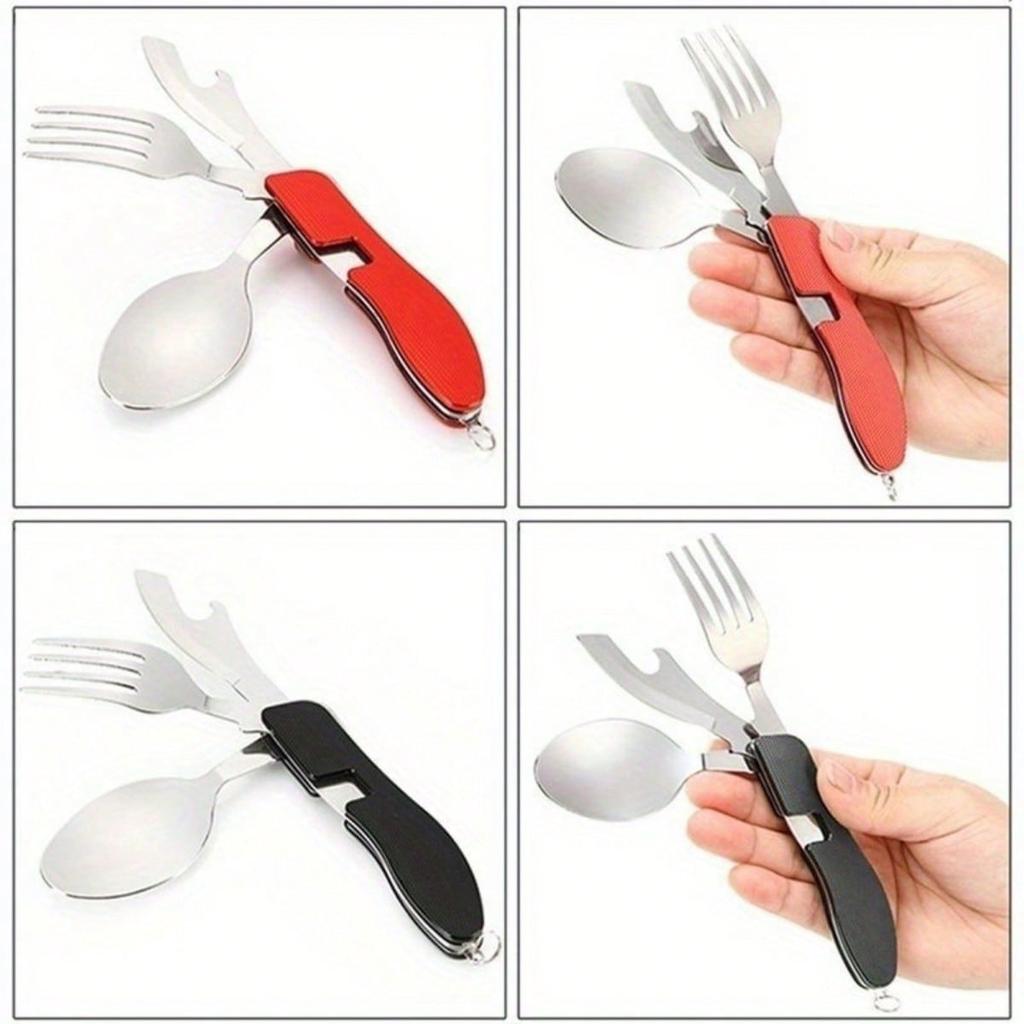 Couverts Multifonction 4 en 1 pour Extérieur Fourchette/Cuillère/Couteau/Ouvre-Bouteille, Kits de Poche Pliants en Acier Inoxydable pour Camping Randonnée Survie Voyage