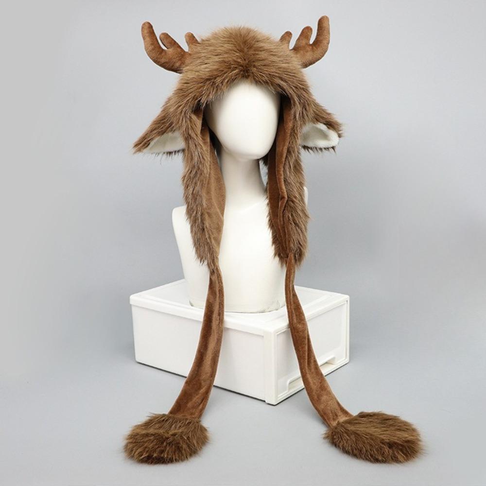 Womens Christmas Themed Reindeer Antler Fleece Hat Winter Warm Earflap Cap