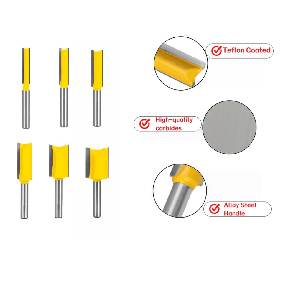 6-Piece Yellow Router Bit Set for Woodworking: Straight, Trimming, Grooving, and Engraving Bits