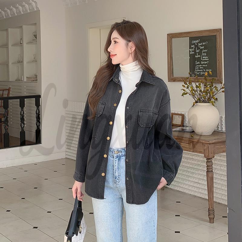 Korean-Style Women s Fleece-Lined Denim Shirt, Winter Loose Fit for Petite Figures Small