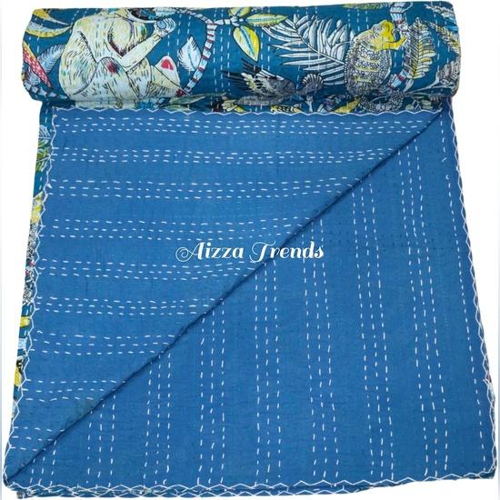 Aizza Trends Handmade Pure Cotton Monkey Print Kantha Quilt  - Traditional Look Bed Spread Kantha Gudri - Vintage Hand Stitch Gudri