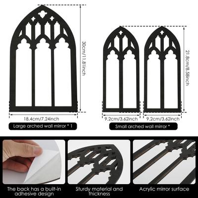 Ensemble de 3 miroirs muraux à fenêtre ogivale gothique auto-adhésifs, miroir ogival de cathédrale, miroir d'accent rustique de ferme pour la décoration intérieure
