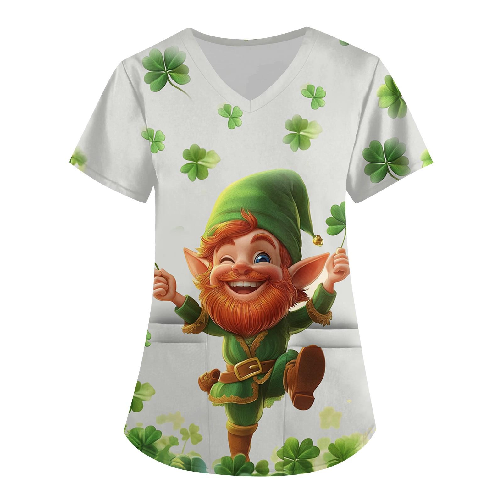 

Женская симпатичная рабочая одежда с принтом, V-образным вырезом, двухслойными карманами, базовым коротким рукавом, пуловером St.. День Патрика XL белый