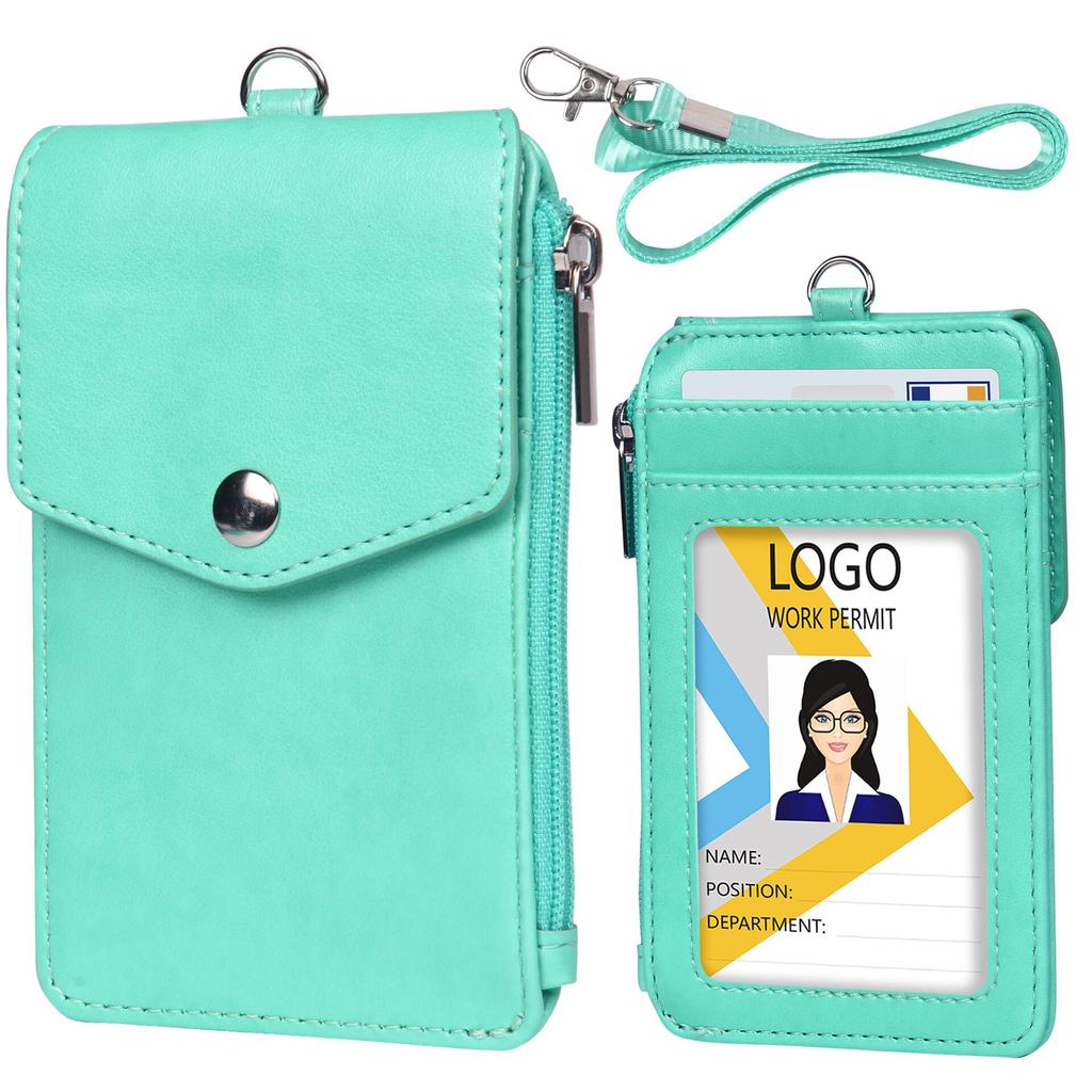 Multi-card Slot Student ID Credit Card Badge Cover PU Leather Work Card Holder Coin Zipper Bag Card Sleeve Wallet with Lanyard