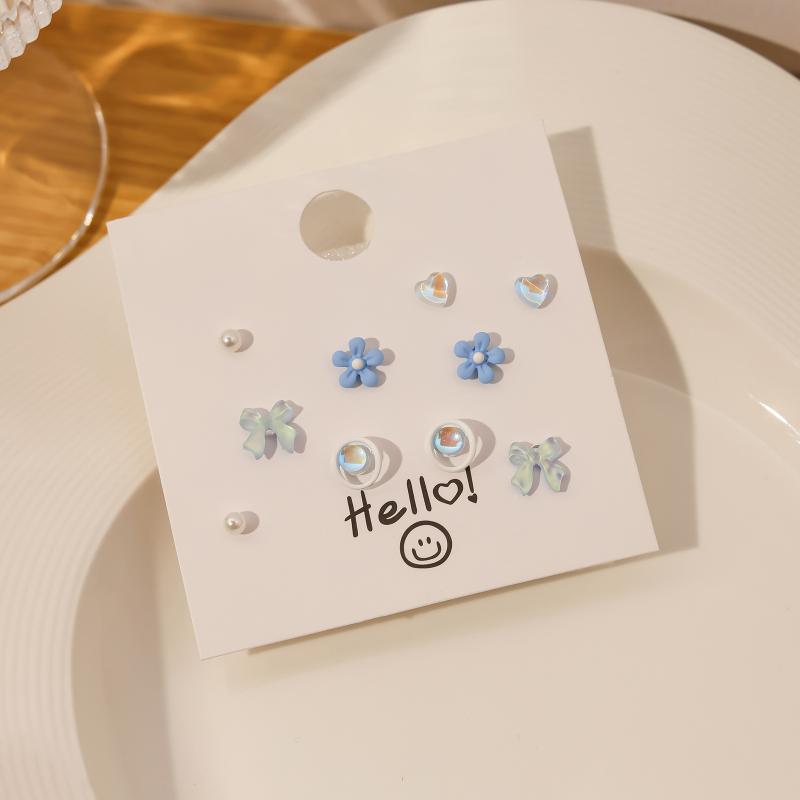 1Set Simple And Compact Silver Needle Earring Set Love Geometric Earring Combination Cute Sweet And Versatile Earrings