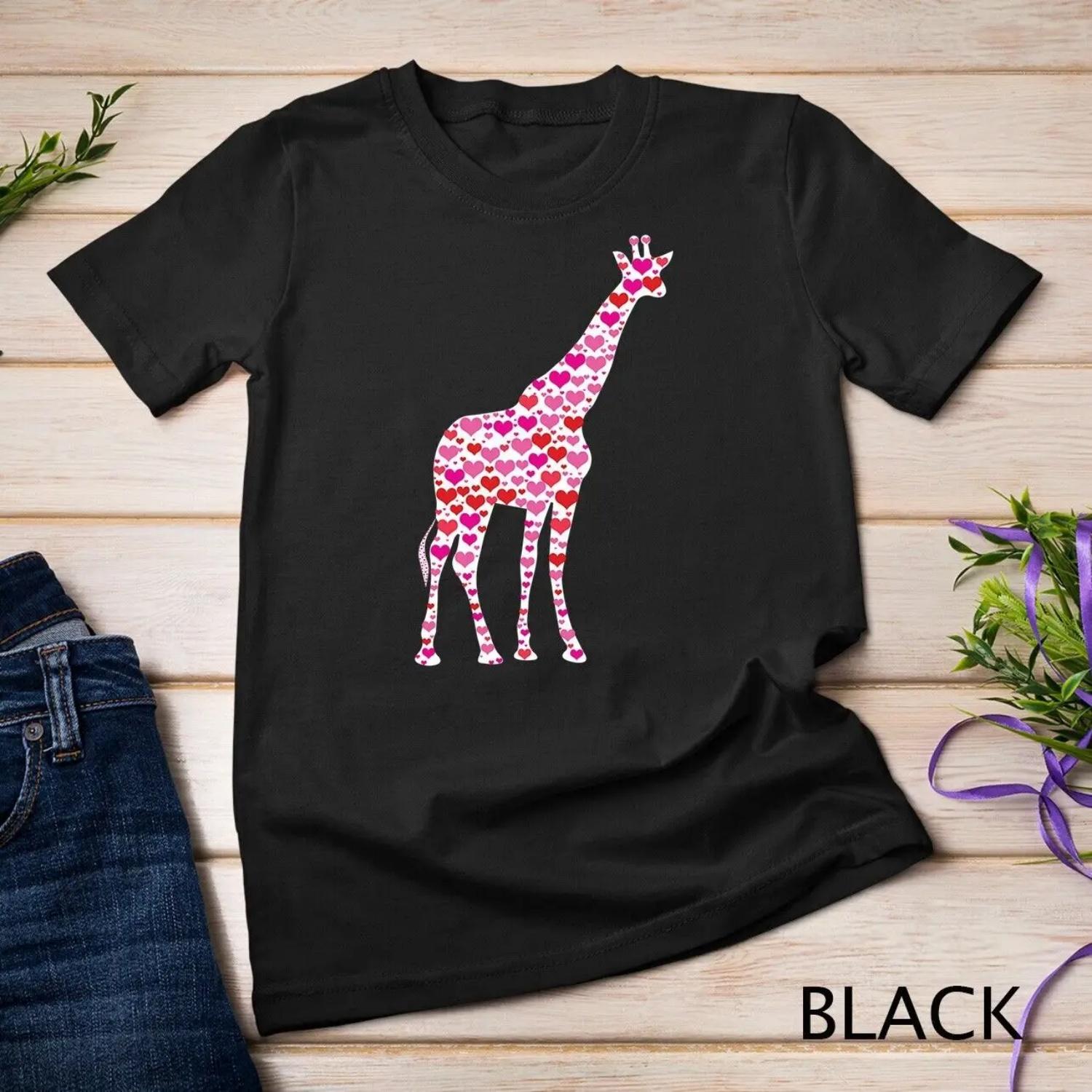 Cute Hearts Giraffe Funny Animals Lover Valentines Day T shirt S чёрный