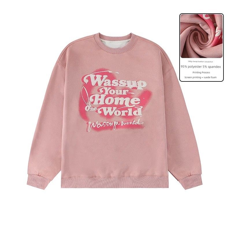 

Wassup Heods Suede Thickened Crew Neck Sweatshirt Men s Autumn and Winter Loose Casual American Style Couple Tops Lotus root powder 3XL