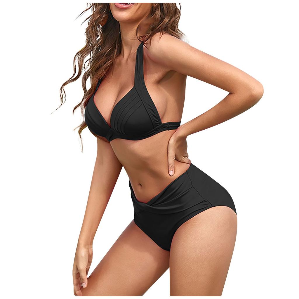 Women's Two-Piece Sexy Solid Color Slim Bikini Swimsuit