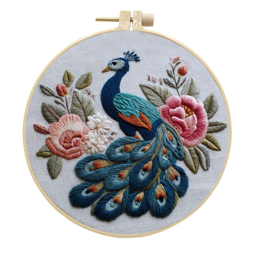 1 Stk. Pfau Blumenmuster Stickerei DIY Stoff Bastelset mit Werkzeugen