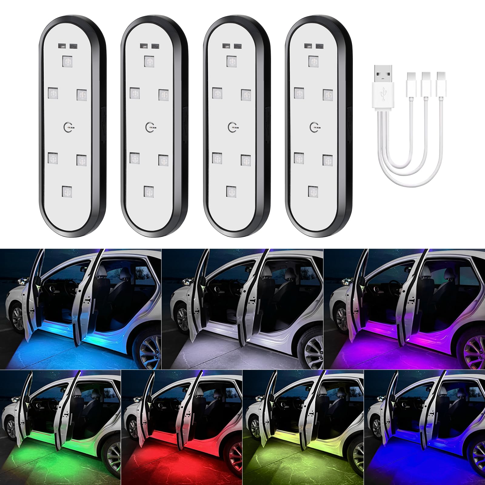 

Koongloong LED Courtesy Door RGB Infrared Car Door Pink Ice Flashing Collision Prevention Warning Car LED USB No Wiring Set of 4 Lamps, Sensor,