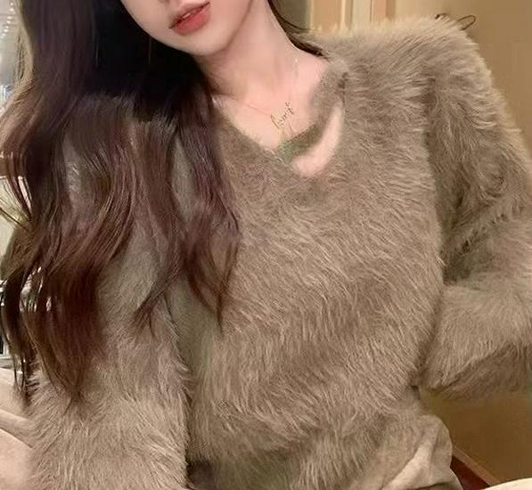 Autumn/Winter Faux Mink Velvet Women's Long Sleeve Knit Sweater - Soft, Loose, Lazy Style