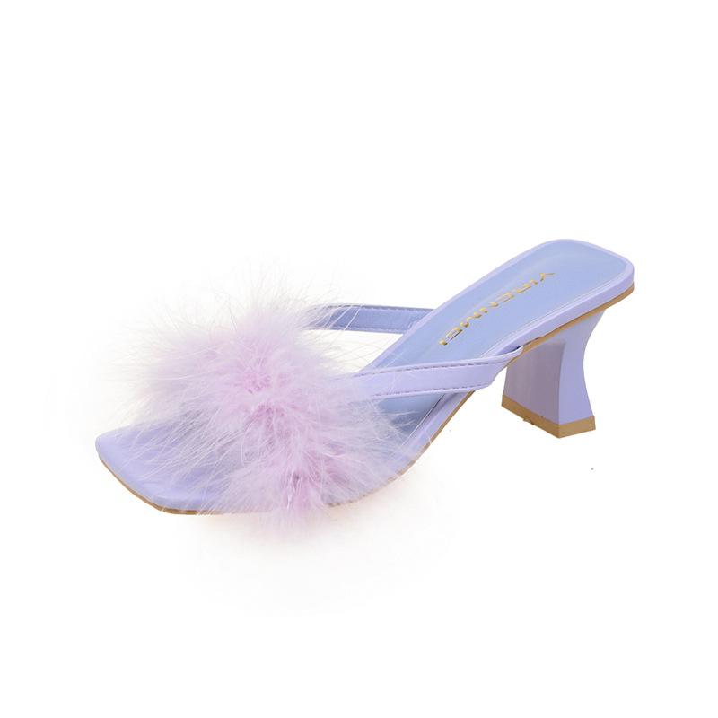 

2025 summer new fairy style fashion outer wear fluffy slippers female Internet celebrity crystal square heel one word 39 фиолетовый