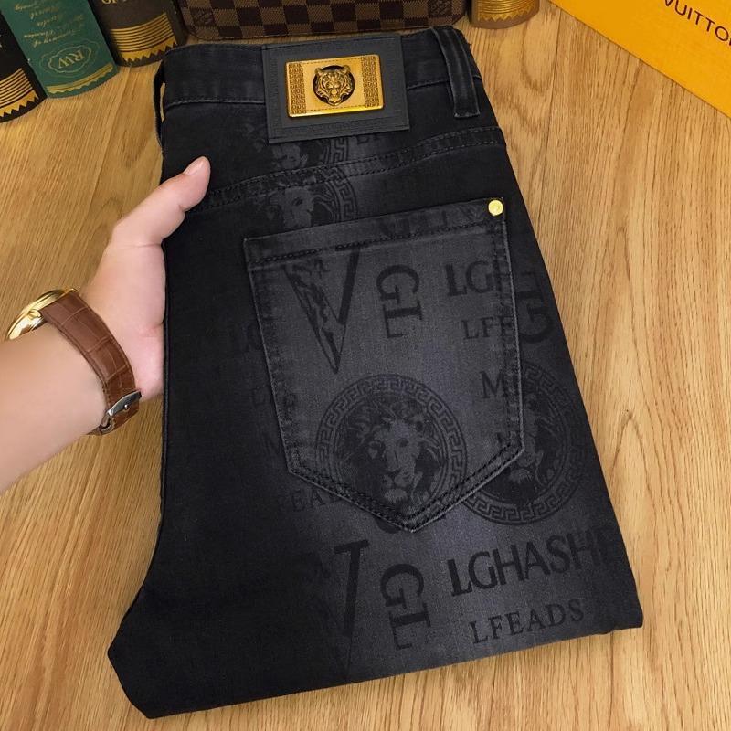 Spring and Autumn Korean Slim Jeans for Men High-end Luxury Clothing Black Printing Mid-waist Stretch Casual Pencil Pants