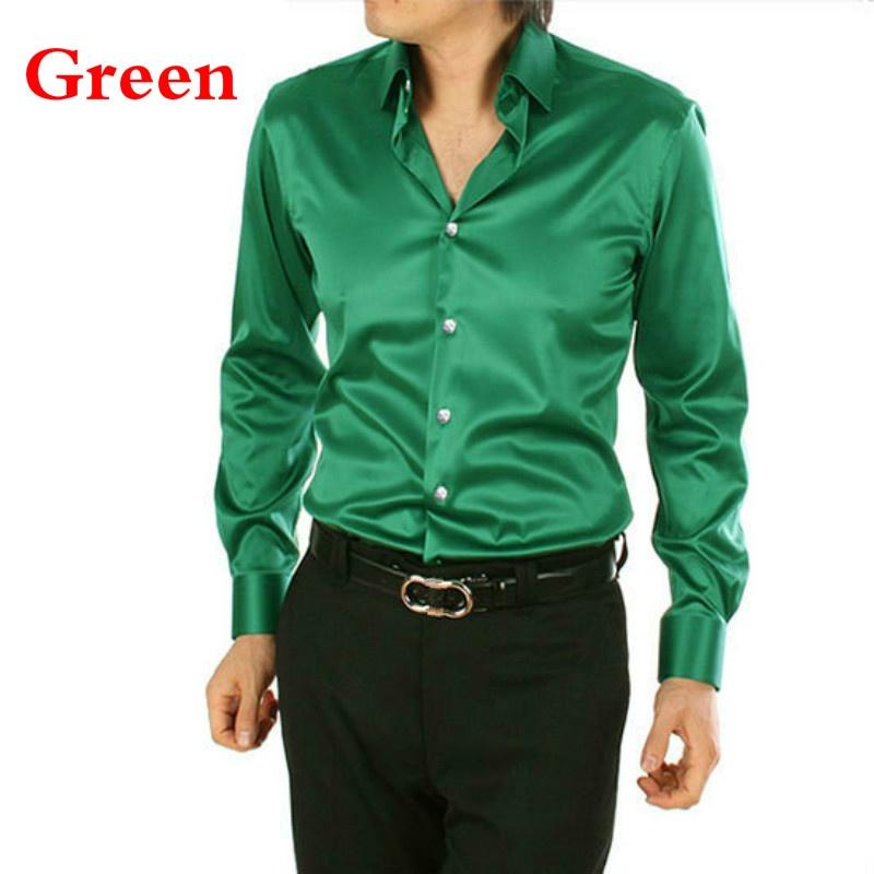 

Men Shirt Faux Silk Satin Blouse Long Sleeve Dress Shirts Button Business Formal Shiny Tops Elegant 3XL зелений
