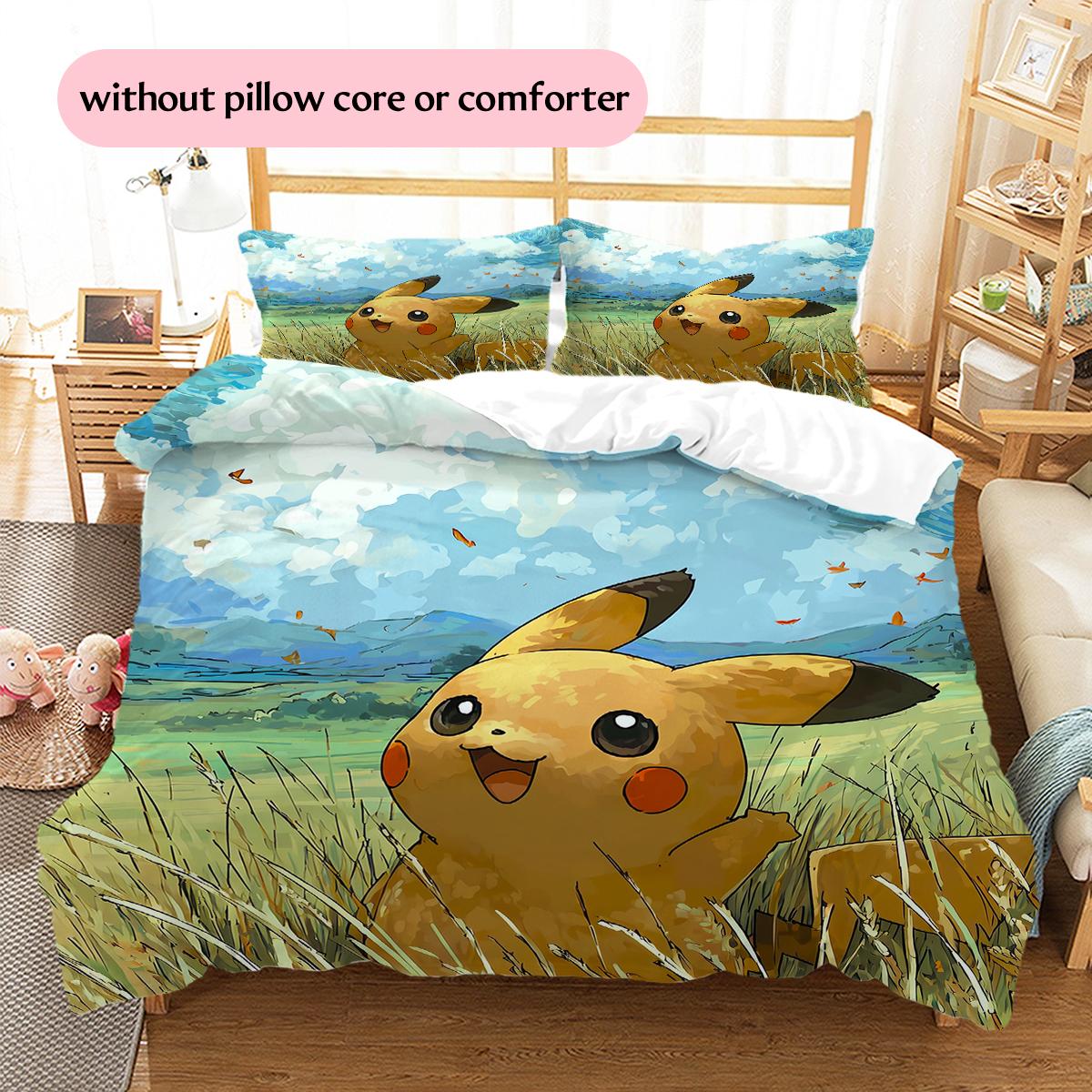 Pikachu and Psyduck Pattern Bedding Quilt Set  Home Decoration  Gift (1 * duvet cover + 2 * pillowcase  without core) 135x200cm
