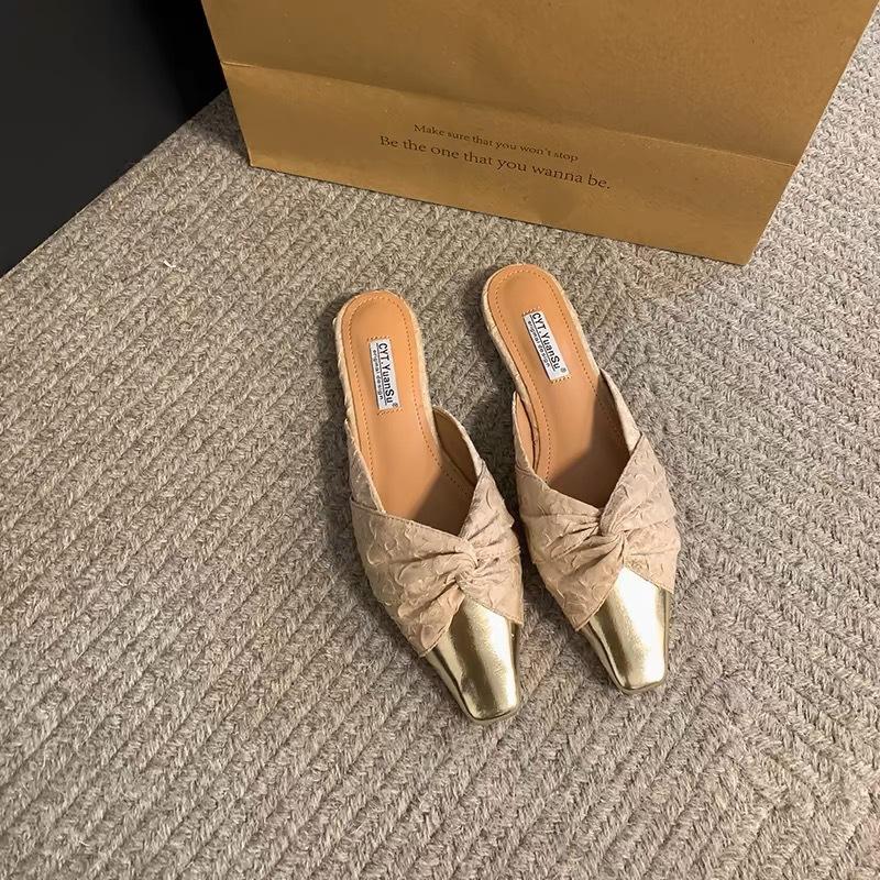 New satin bag head half slippers outer wear temperament shoes flats gold