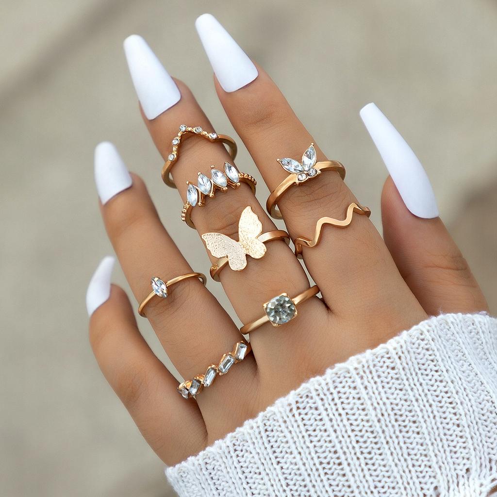 Gold Retro Punk Vintage Ring Set 8 Stück Klassische Kristalle