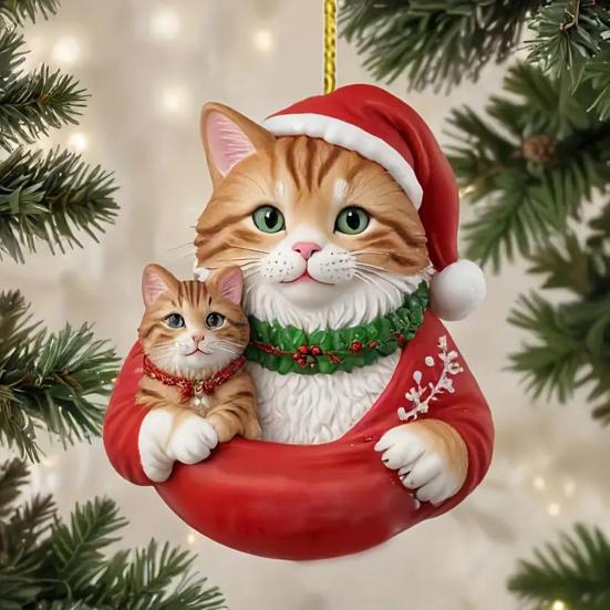 Christmas Pendant 2D Acrylic Cat Wearing Xmas Hat Charm Car Hanging Ornament Festive Atmosphere