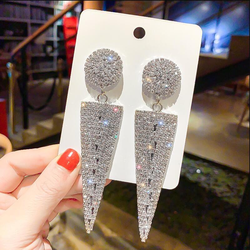 Hochzeitsschmuck Große Ohrringe Für Damen Geometrisches Dreieck Metall Kristall Tropfen Hängende Ohrringe Mode Party Ohrringe gray