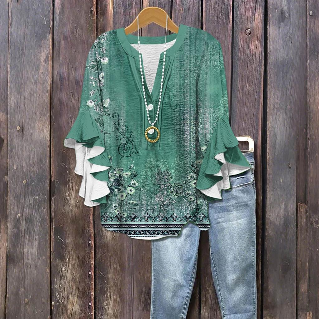 Modă Femei Casual Buton Gât V Mânecă Șapte Bluză Top Imprimeu Vintage