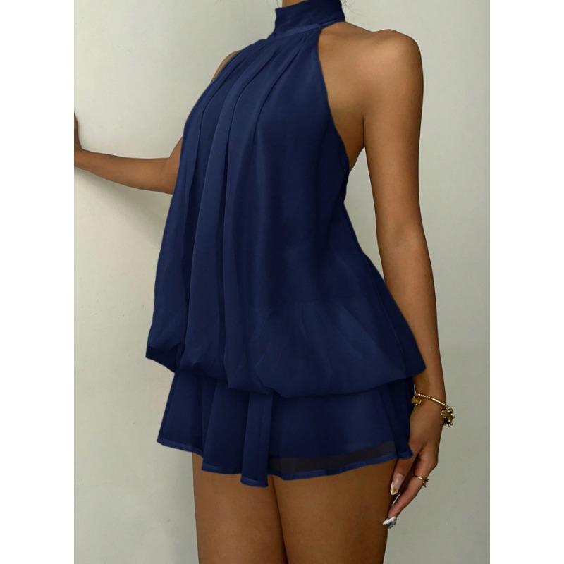 Fashion Sexy Backless Halter Neck Slim Waist Solid Color Women Mini Dress