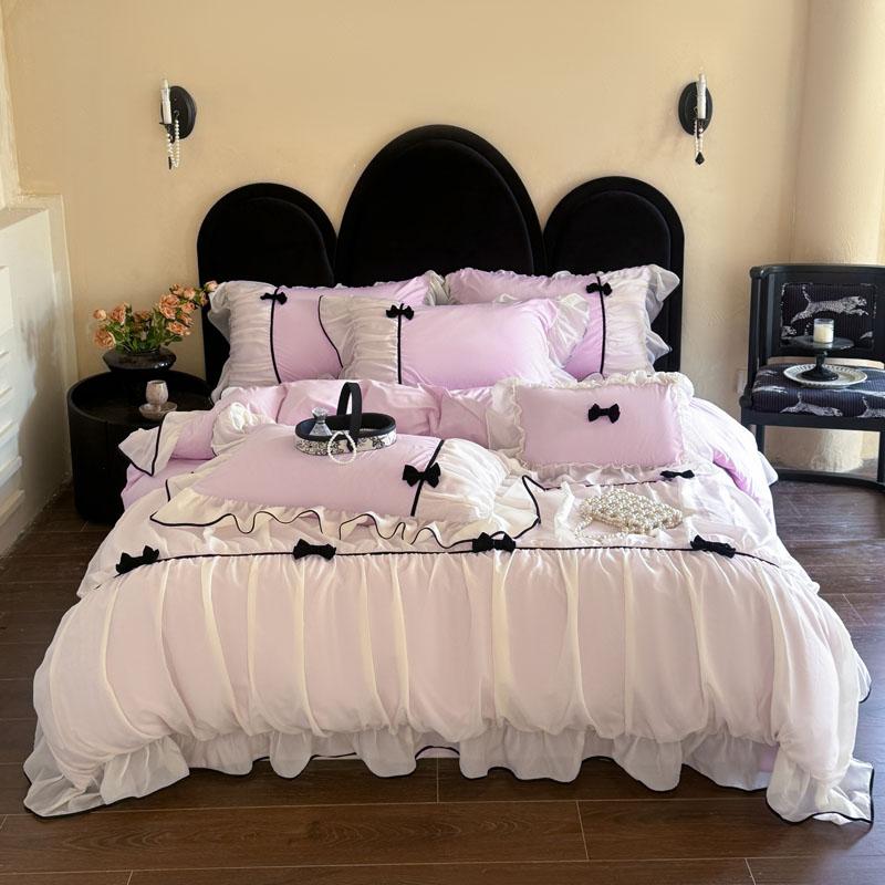 Romantic Lace Princess Black Bow Bedding Set Pink Korean Style Duvet/Comforter Cover Set Bed Sheet/Fitted Sheet Pillowcases 4Pcs