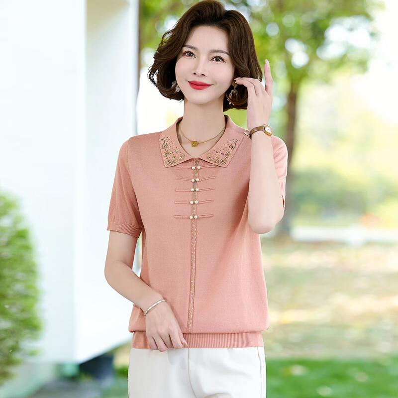 WoXue Women's New Chinese Style Ice Silk Knitted Short Sleeve T-Shirt