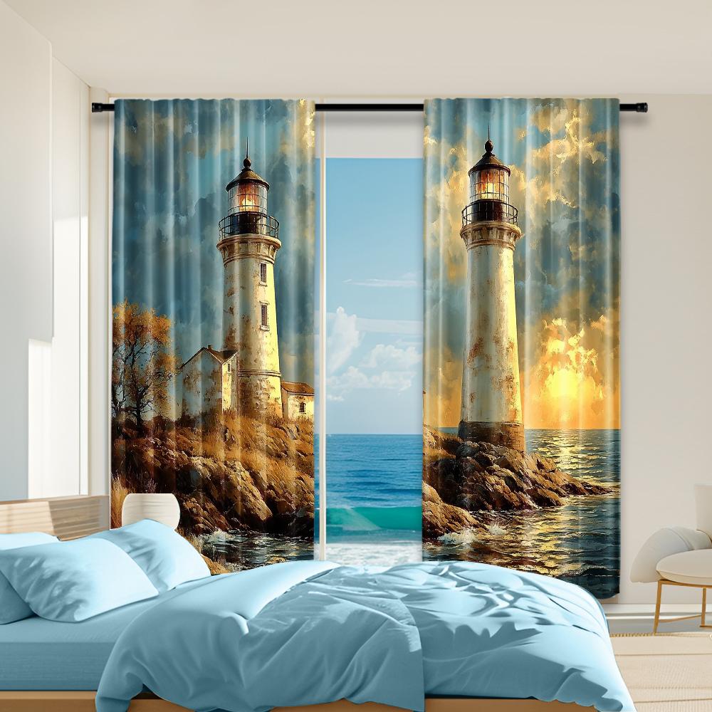 

Set Of 2 Versatile Polyester Transparent Curtains Home Decoration Lighthouse Use Bedrooms Living Rooms Curtain Ideal For Sitting Room W100*H70(CM)-Grommet top&1PCS