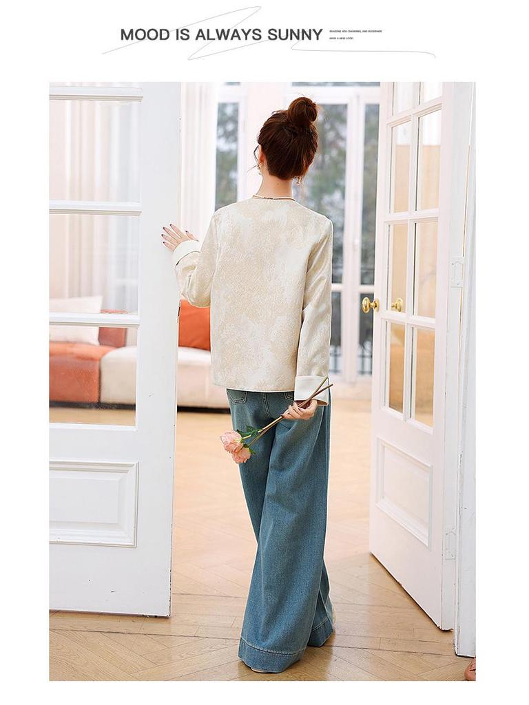 2025 Women's Spring Jacquard Color Block Retro Jacket with Frog Buttons